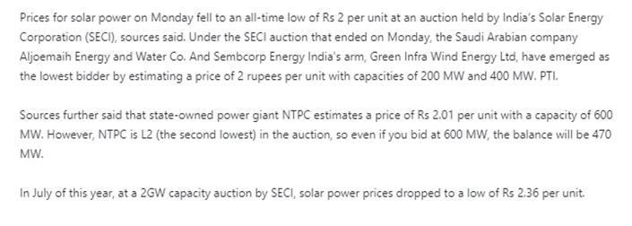 Solar PV prices drop to record low of Rs 2 per unit at SECI auction