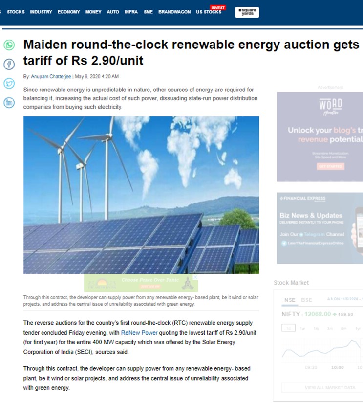 Maiden round-the-clock renewable energy auction gets tariff of Rs 2.90/unit