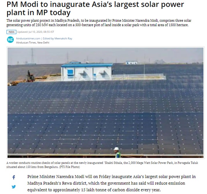 PM Modi to inaugurate Asia’s largest solar power plant in MP today