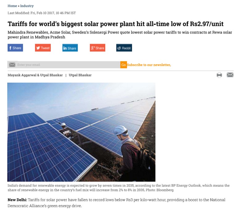 Tariffs for world’s biggest solar power plant hit all-time low of Rs2.97/unit