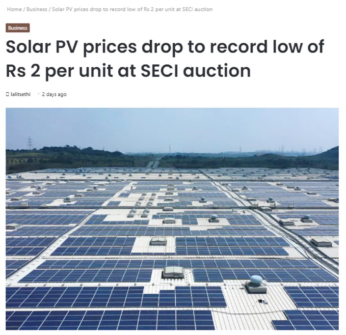 Solar PV prices drop to record low of Rs 2 per unit at SECI auction