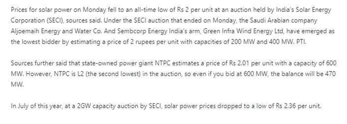 Solar PV prices drop to record low of Rs 2 per unit at SECI auction