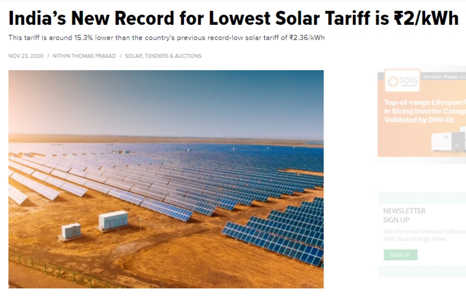 India’s New Record for Lowest Solar Tariff is ₹2/kWh