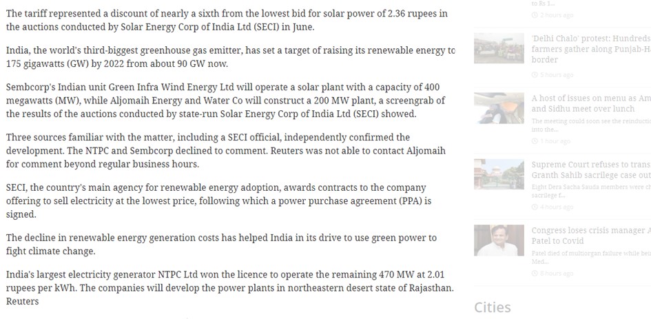 Singapore, Saudi companies push Indian solar tariffs to record low.