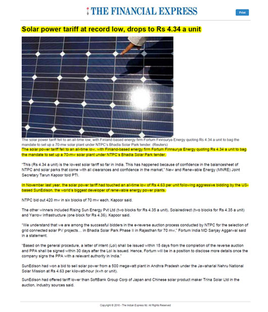 Solar Power Tariff at Record Low, Drops to Rs. 4.34 a Unit