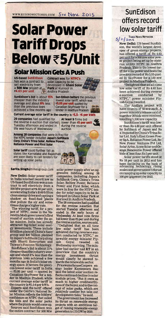 Solar Power Tariff Drops Below Rs. 5/ Unit